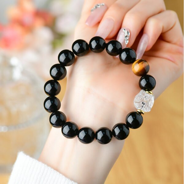 Natural obsidian white crystal lion dance beads for men and women