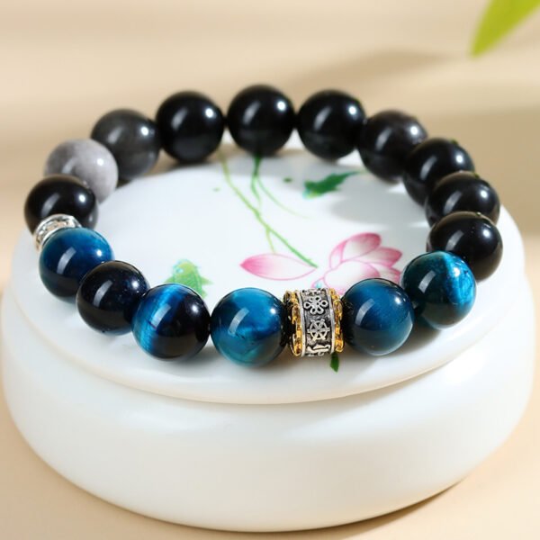 Natural peacock blue tiger eye silver obsidian bracelet - Image 4