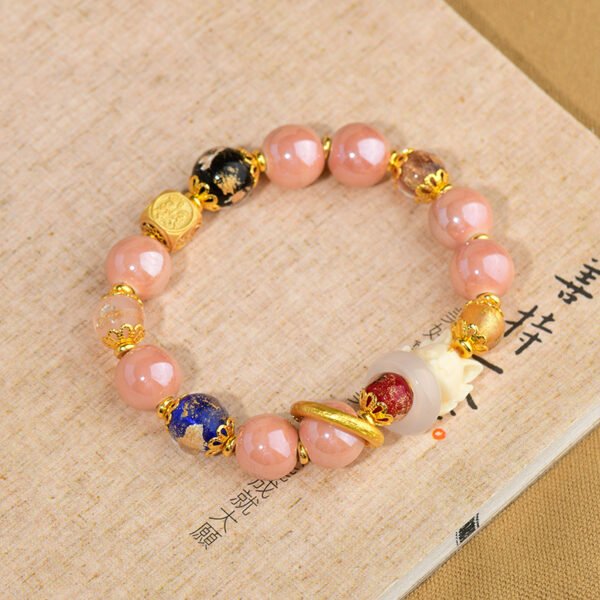 Pink fragrant gray porcelain gold foil single circle bracelet paired with a nine tailed fox women's bracelet