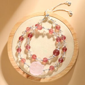 Natural Strawberry Crystal White Crystal Double Circle Pink Crystal Nine Tailed Fox Bracelet