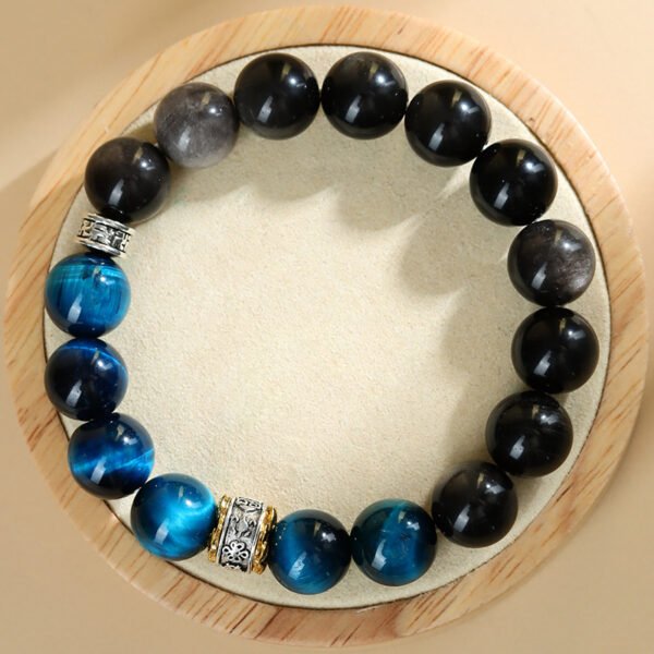 Natural peacock blue tiger eye silver obsidian bracelet - Image 3