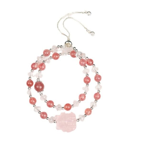 Natural Strawberry Crystal White Crystal Double Circle Pink Crystal Nine Tailed Fox Bracelet - Image 4