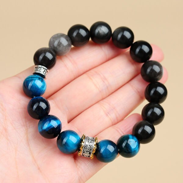 Natural peacock blue tiger eye silver obsidian bracelet - Image 2
