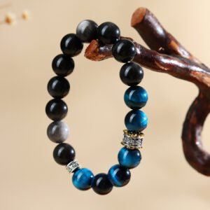Natural peacock blue tiger eye silver obsidian bracelet
